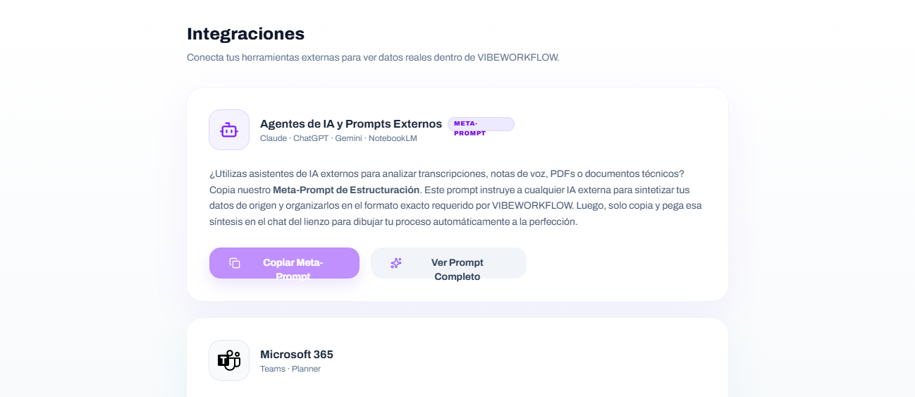 Pantalla de integraciones de VIBEWORKFLOW con herramientas externas